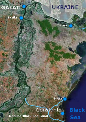 City of Galatii seen from satellite. Also showing Constanta and the Black Sea
